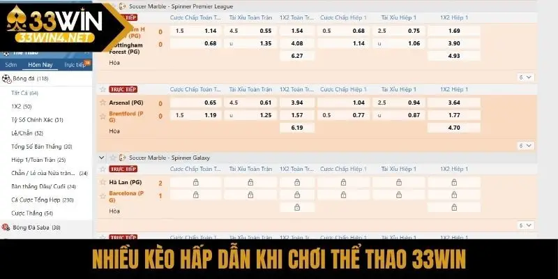 Nhiều kèo hấp dẫn khi chơi thể thao 33Win